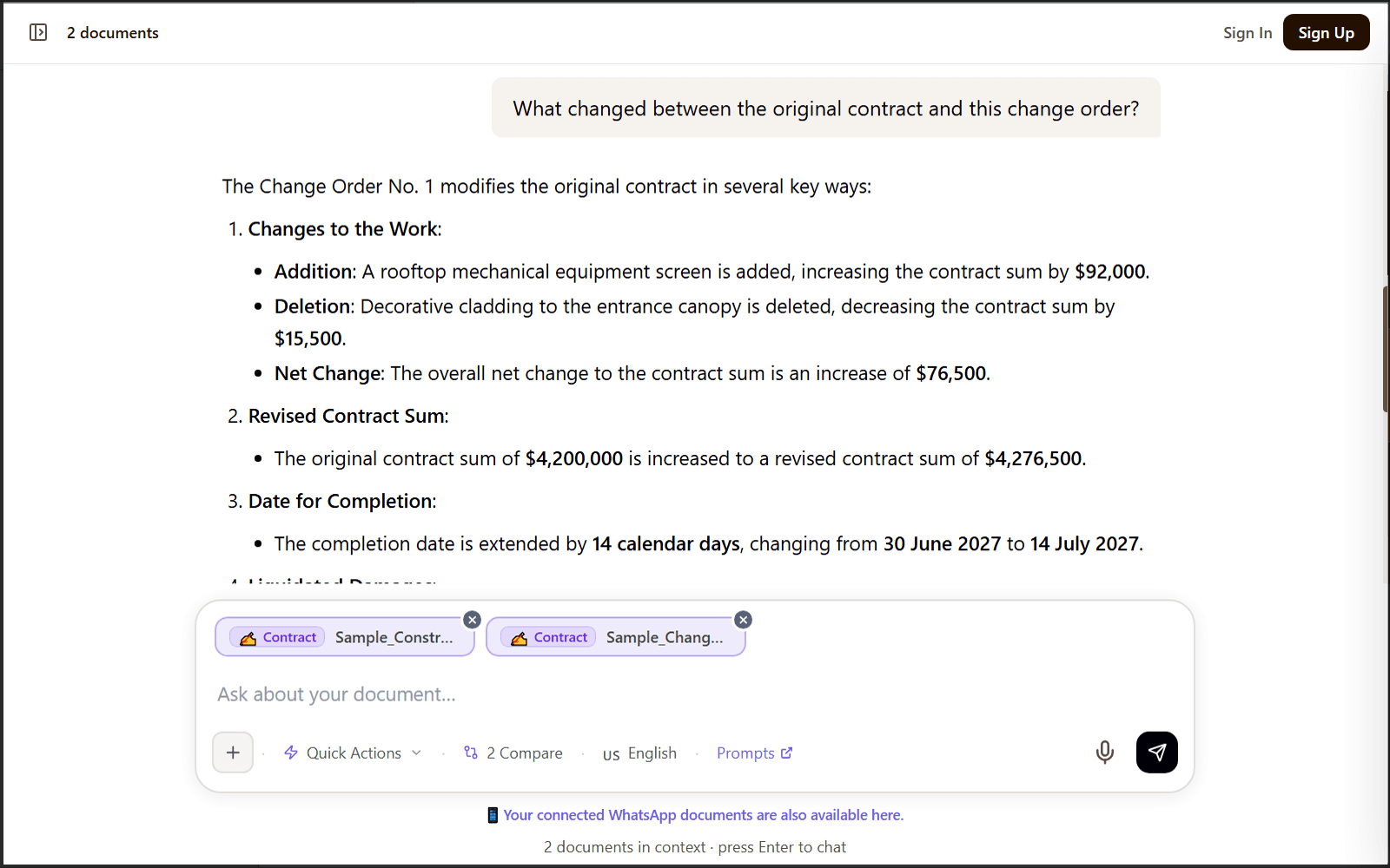 LearnByAi comparing a change order with the original contract and listing what changed