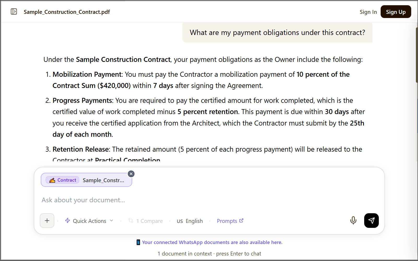 LearnByAi listing the payment schedule and penalty clauses from a sample construction contract