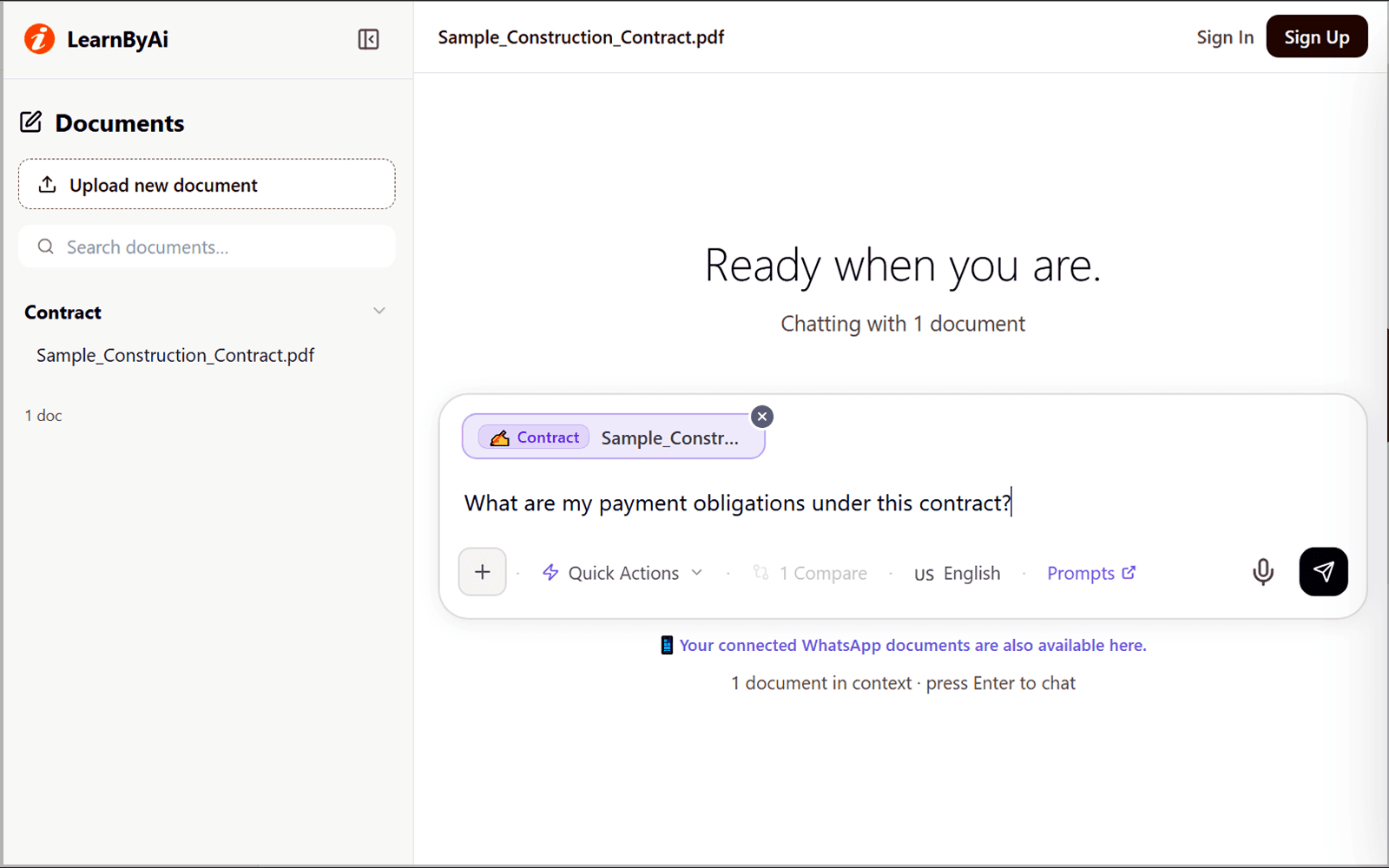 LearnByAi document chat with a sample construction contract uploaded and the question box ready