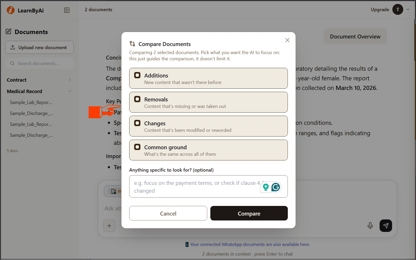 The LearnByAi compare dialog with focus areas for additions, removals, changes, and common ground