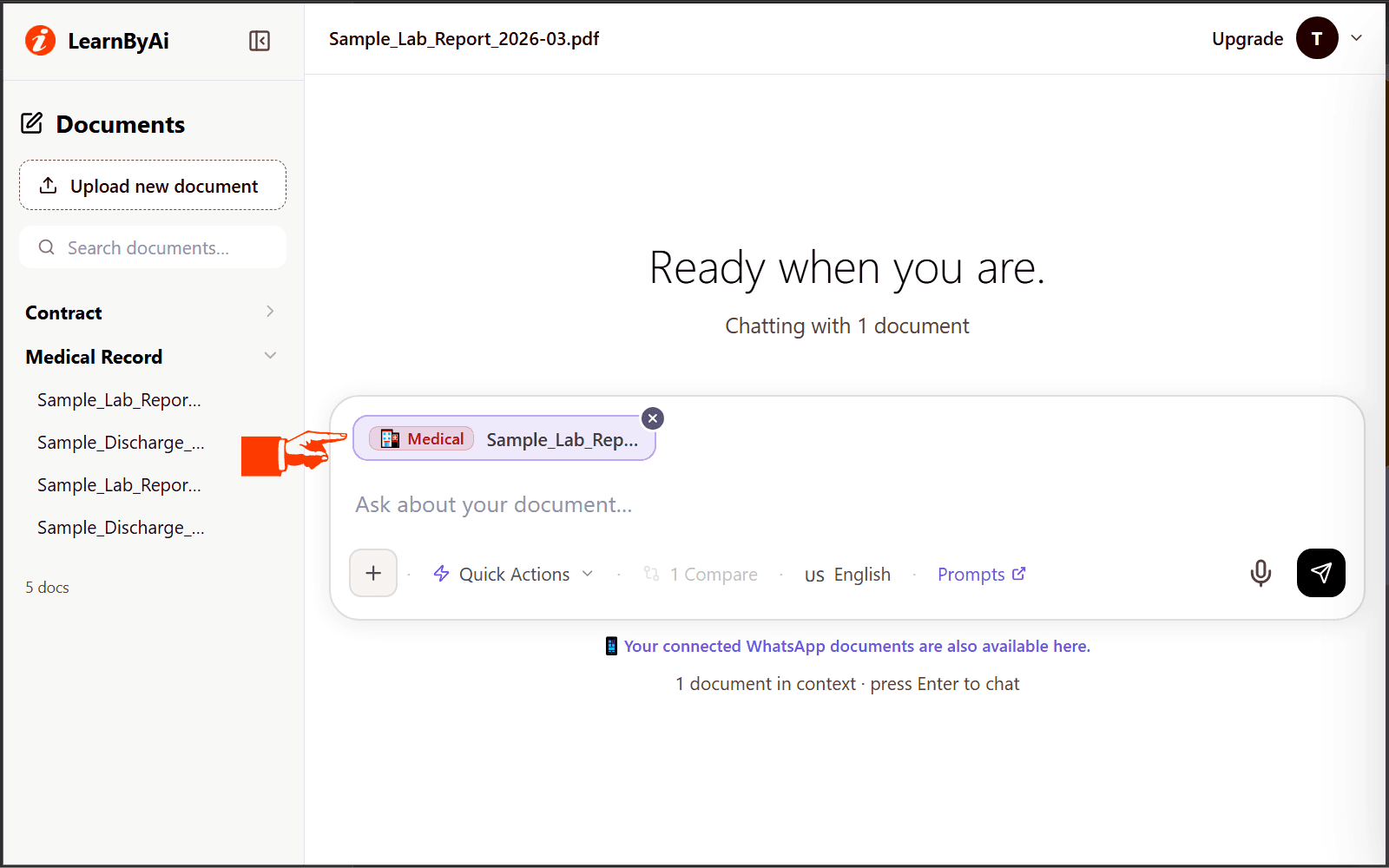 A document chip in the LearnByAi input box showing the automatically detected document type