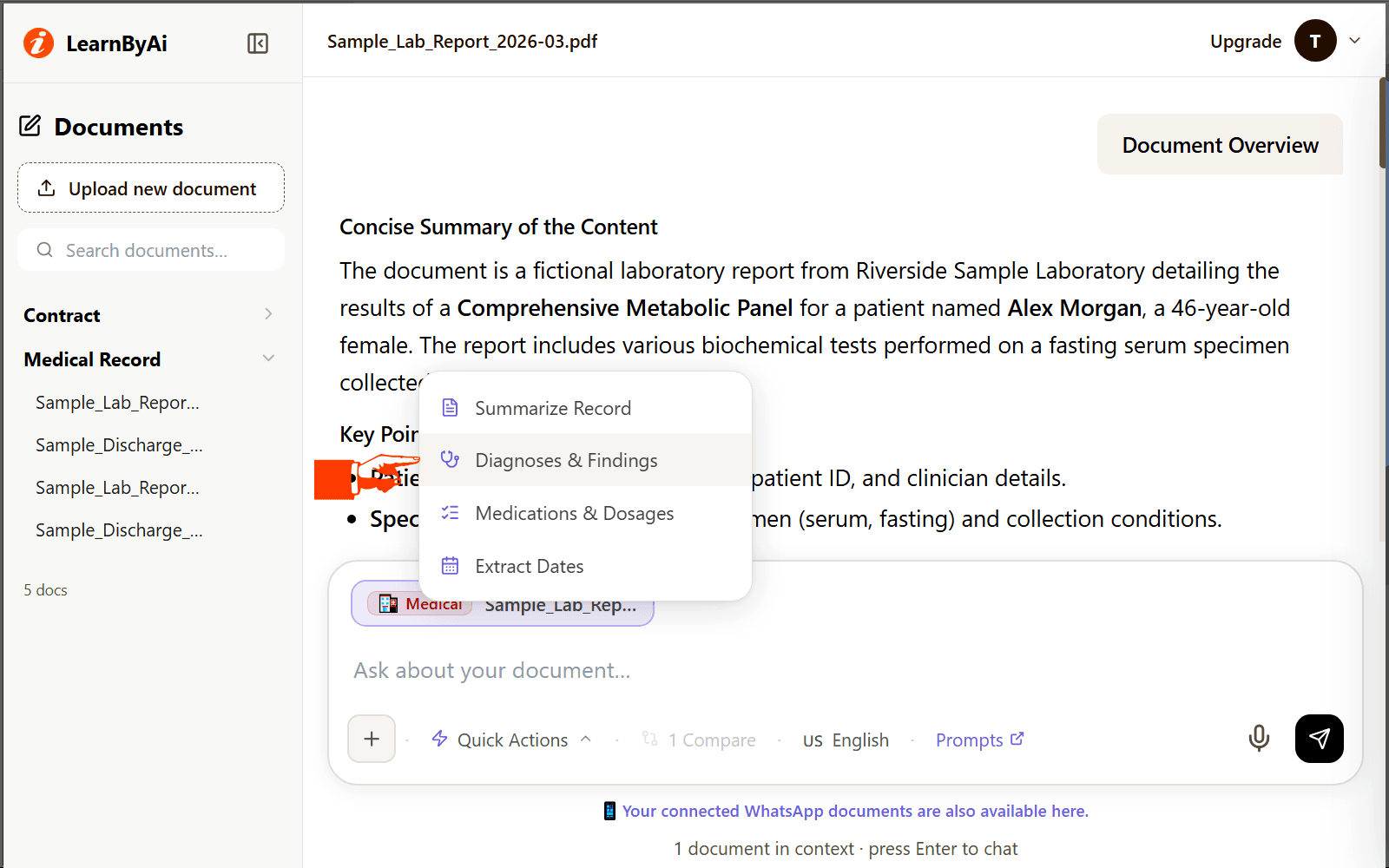 The Quick Actions menu open above the LearnByAi input box for a contract