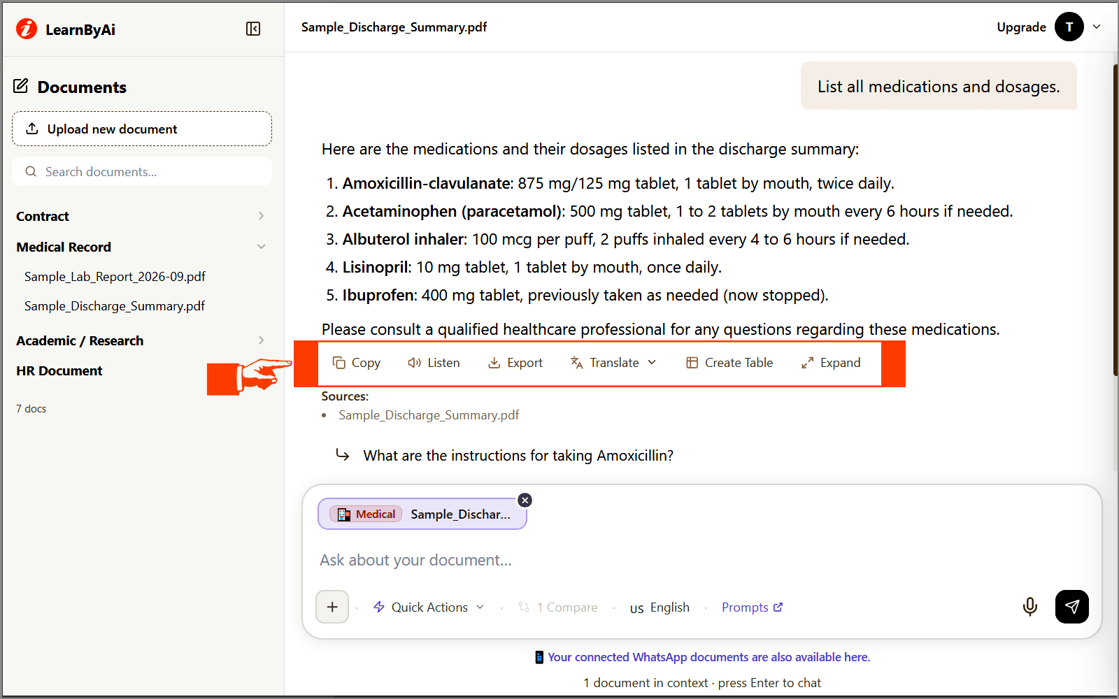 The row of action buttons under a LearnByAi answer
