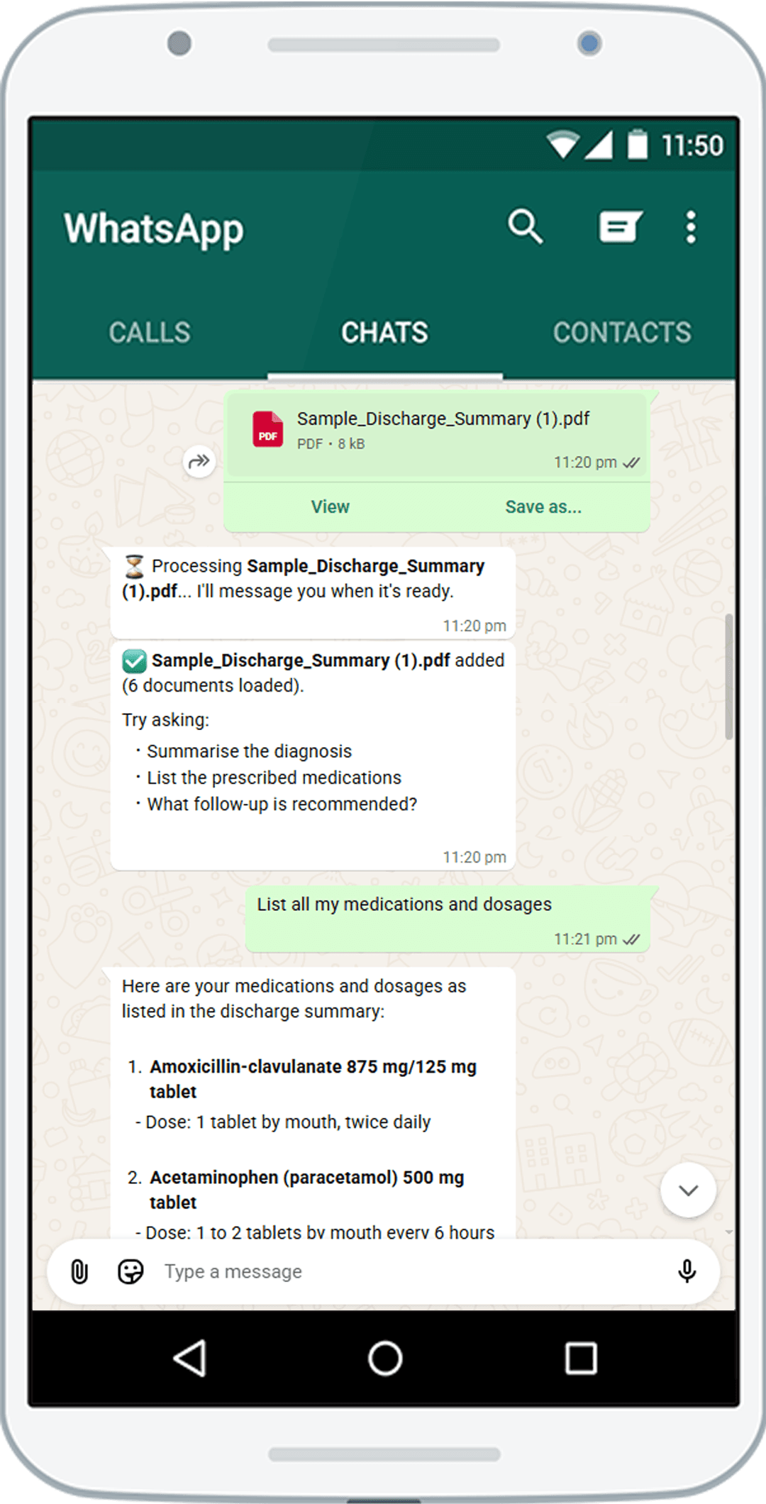 A WhatsApp chat with LearnByAi showing a document sent and an answer received
