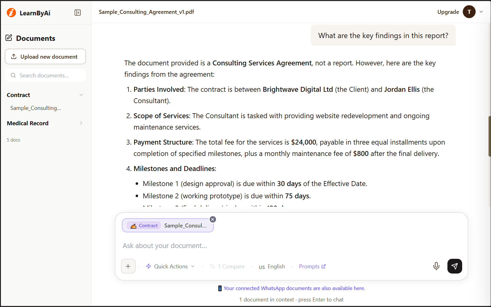 LearnByAi answering a question about a sample report with key findings and next steps