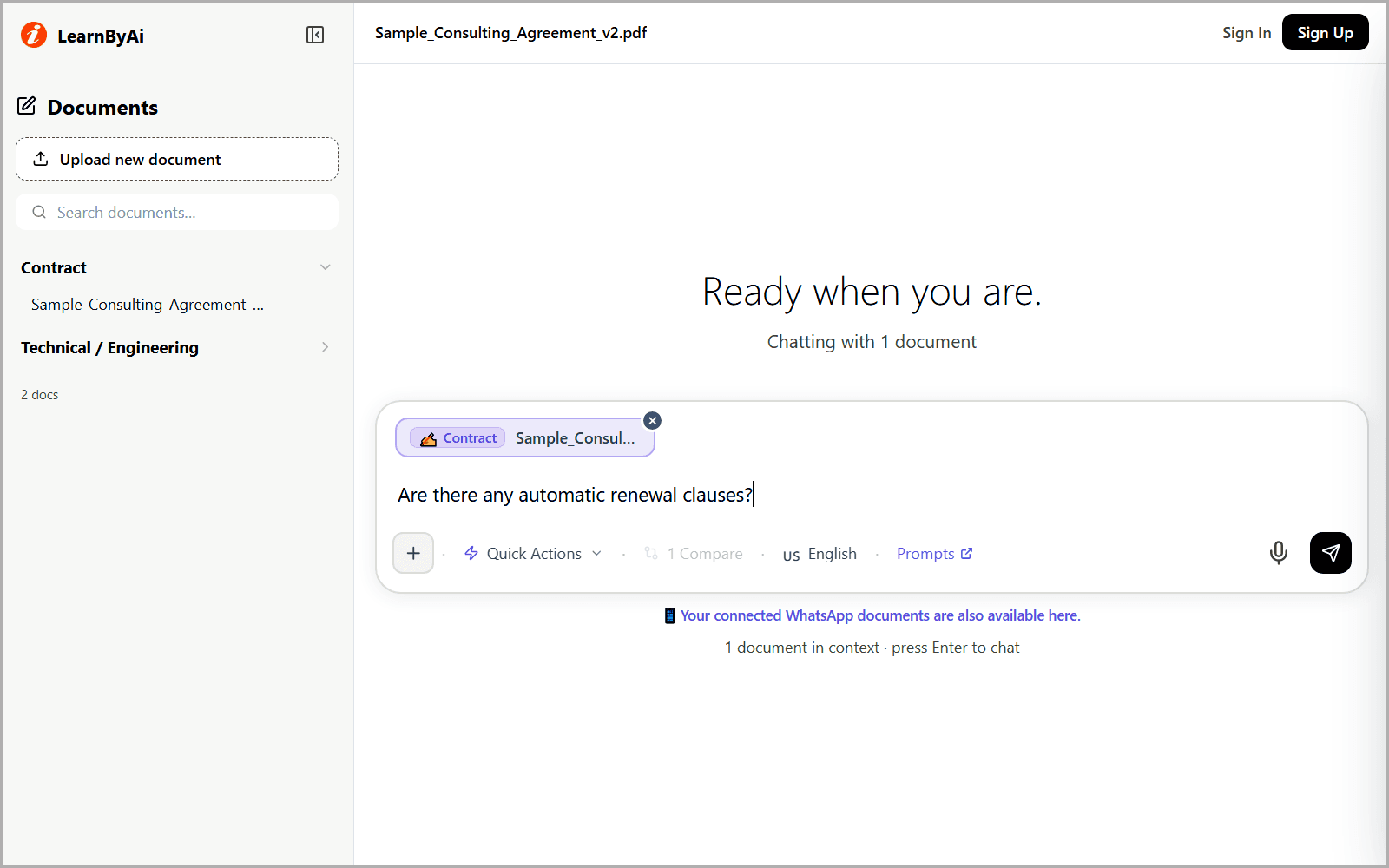 LearnByAi document chat with a sample report uploaded and the question box ready