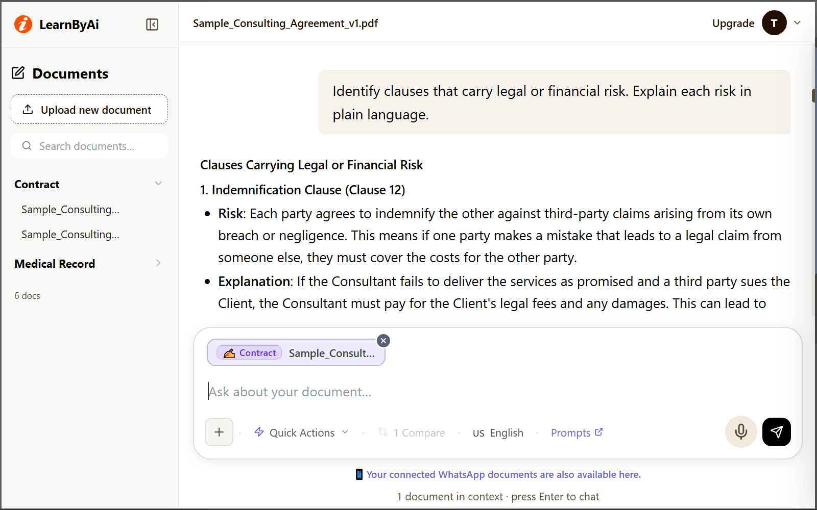 The LearnByAi document chat with a document in the library, a question asked, and the answer shown