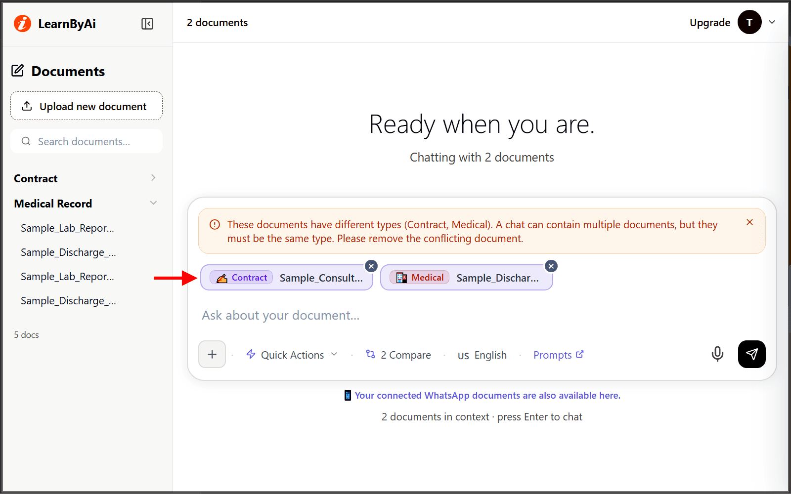 The LearnByAi input box with a document chip showing its detected type and the plus button open