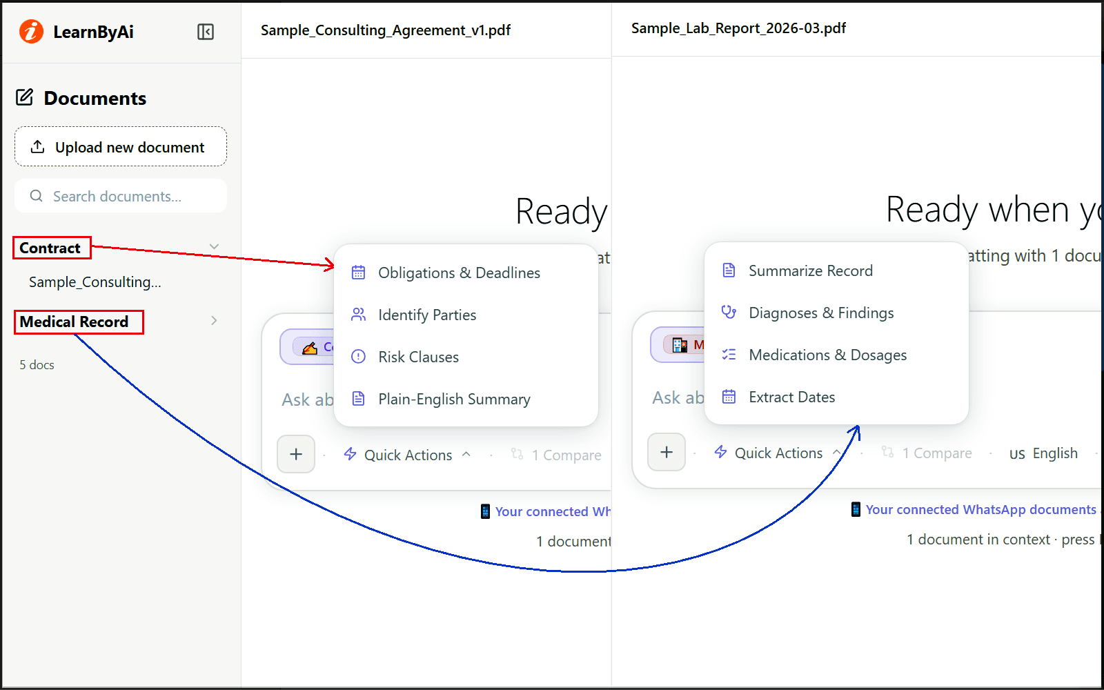 The Quick Actions menu open above the LearnByAi input box for a contract