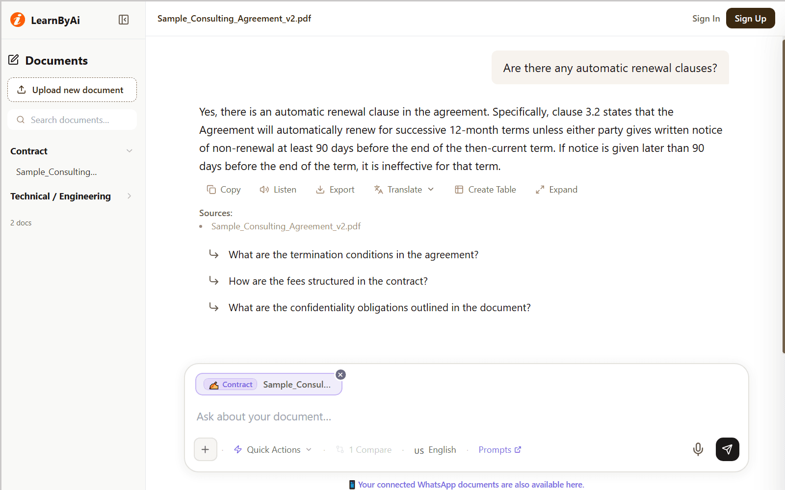 LearnByAi answering a question about termination clauses in a contract, with the source section shown