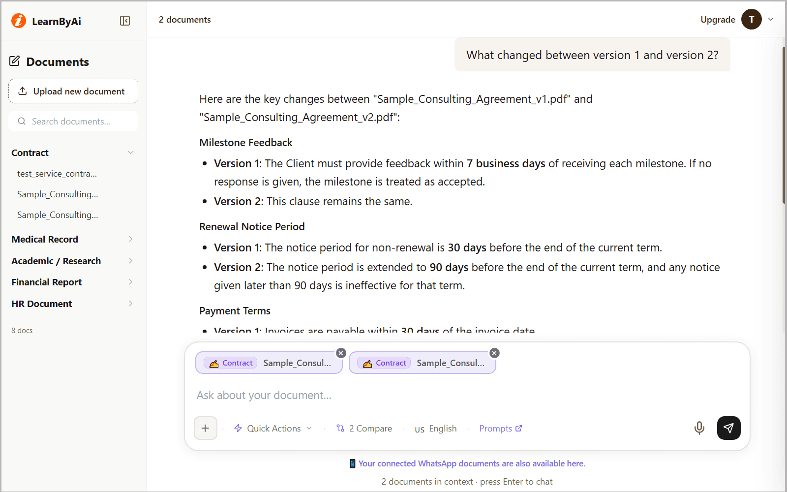 LearnByAi comparing two versions of a contract and listing added, removed, and changed clauses