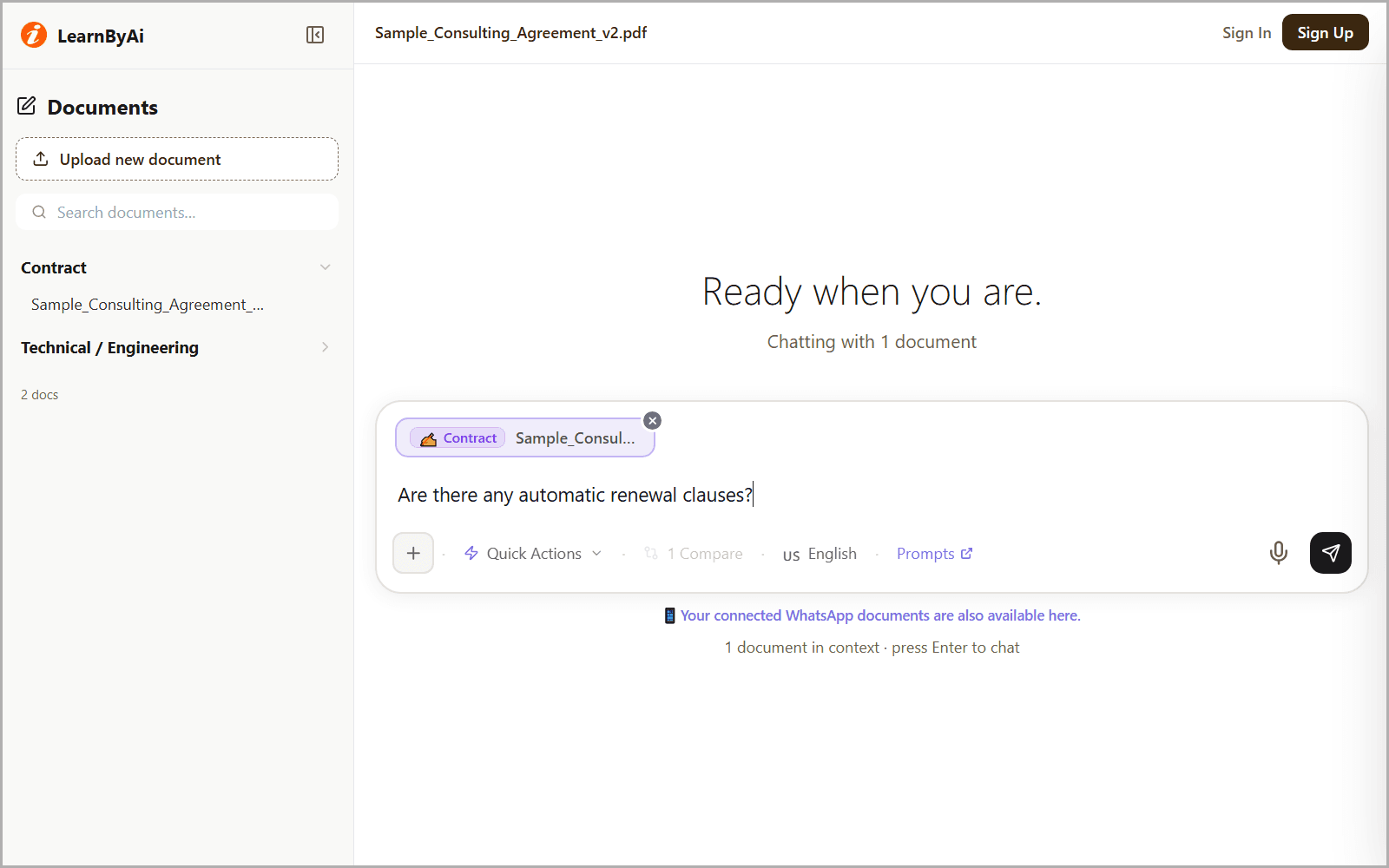 LearnByAi upload screen with a contract PDF added and the chat box ready for a question