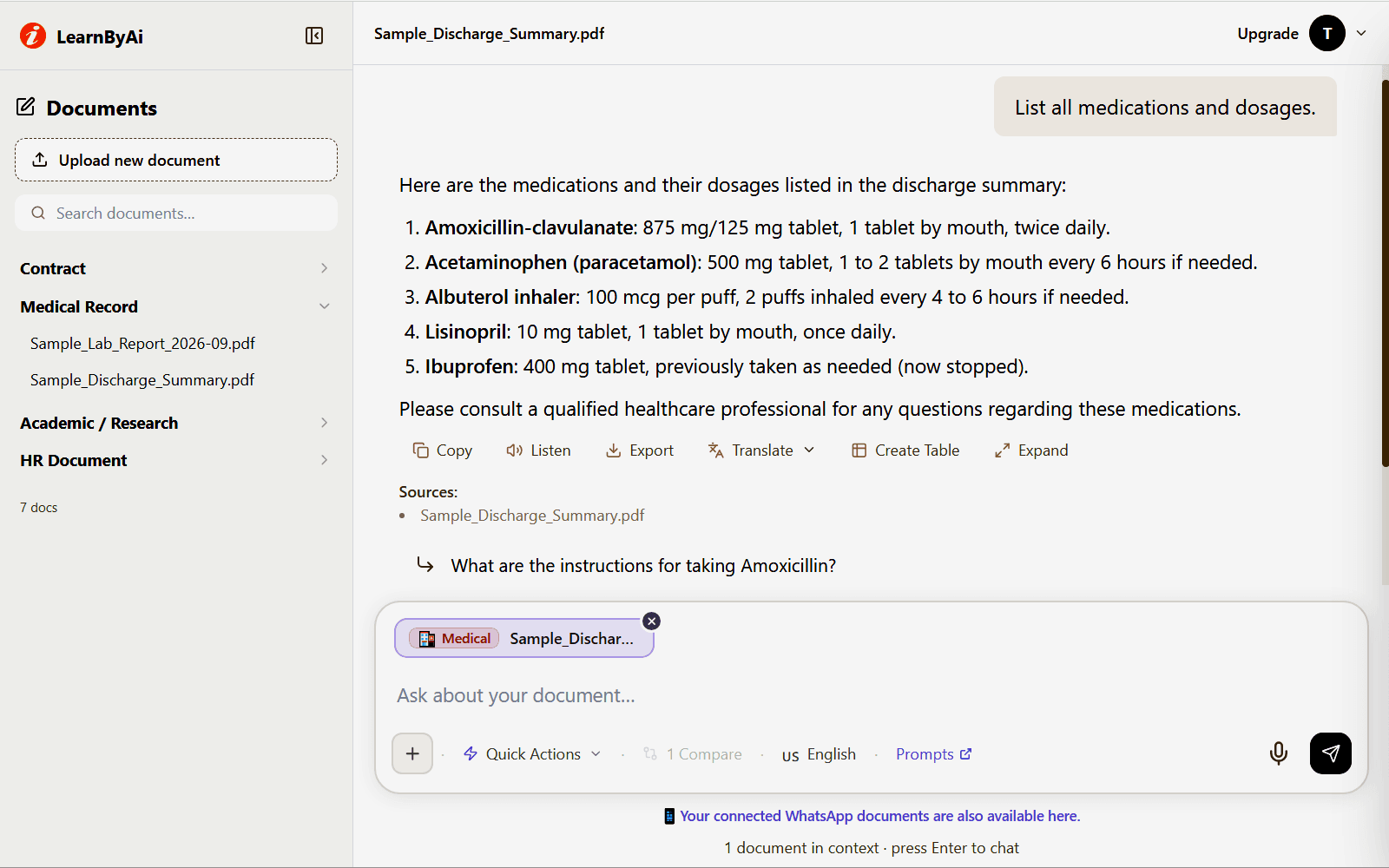 LearnByAi listing the medications, doses, and instructions from a sample discharge summary