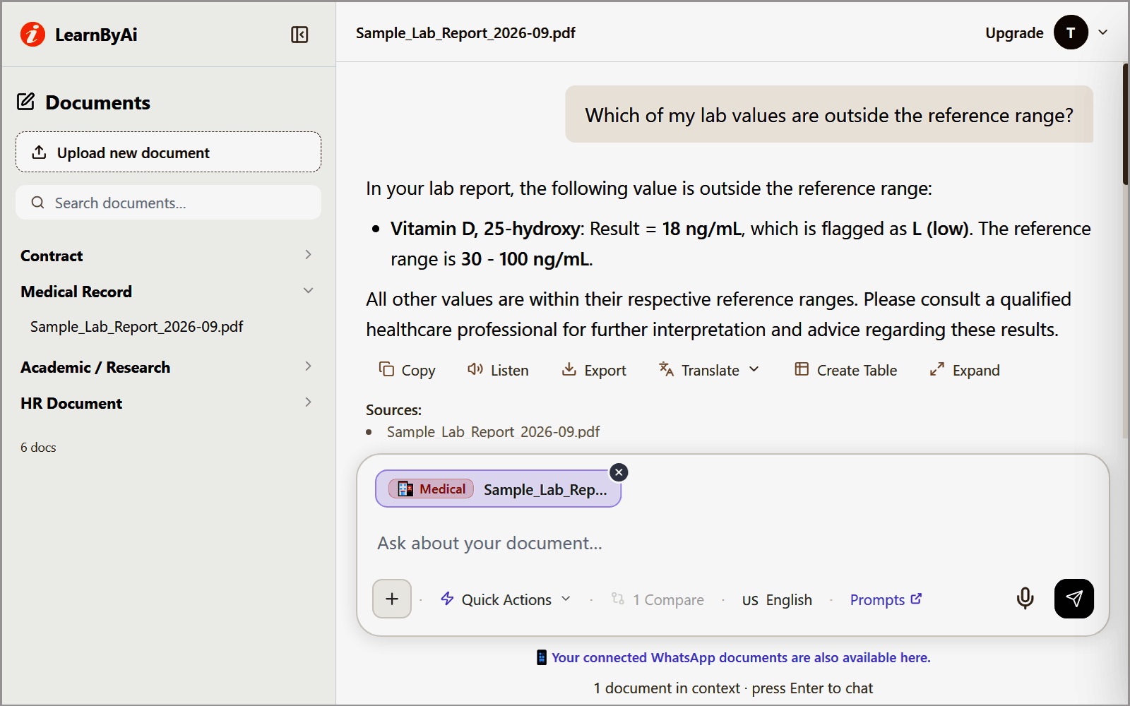 LearnByAi answering which lab values in a sample report fall outside the reference range