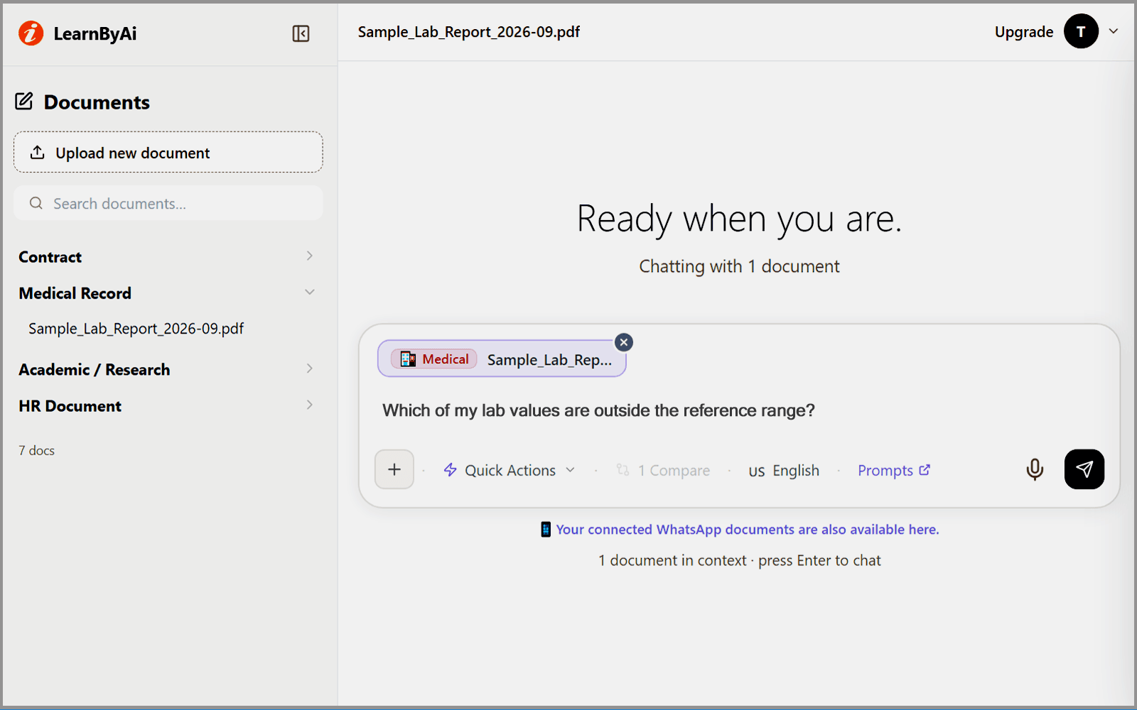 LearnByAi document chat with a sample lab report uploaded and the question box ready