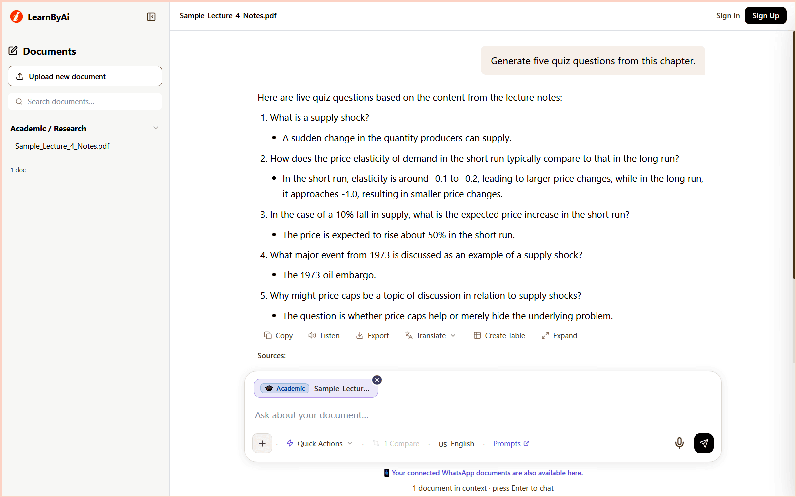 LearnByAi generating practice quiz questions from an uploaded chapter