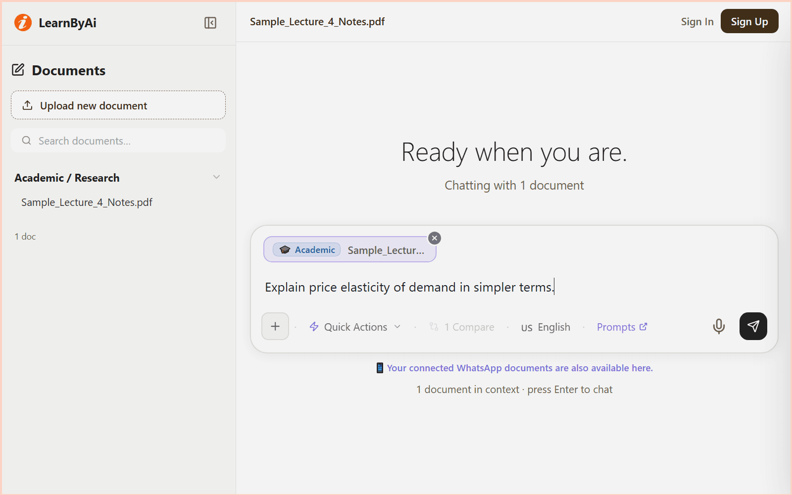 LearnByAi document chat with a sample textbook chapter uploaded and the question box ready