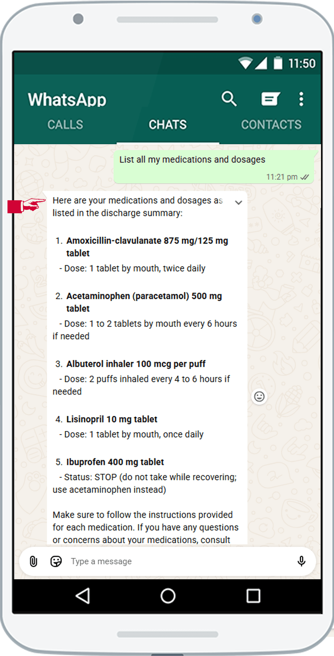 A WhatsApp chat showing LearnByAi's answer to a question about the document