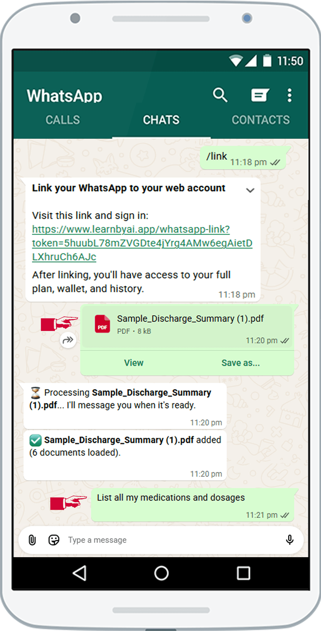 A WhatsApp chat with LearnByAi where a PDF has been sent and a question typed